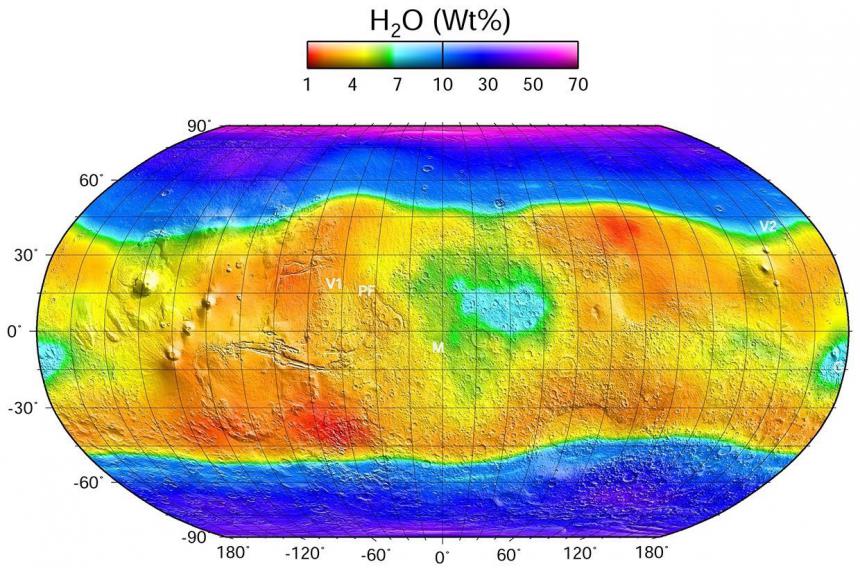 Mars water concentration map, generated from GRS data